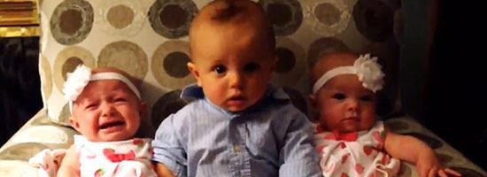 Hilarious reaction of confused baby who meets baby twins for the first time