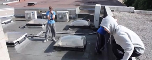 Guy bets with his buddies to jump on skylight. But what happens next… Truly brilliant!