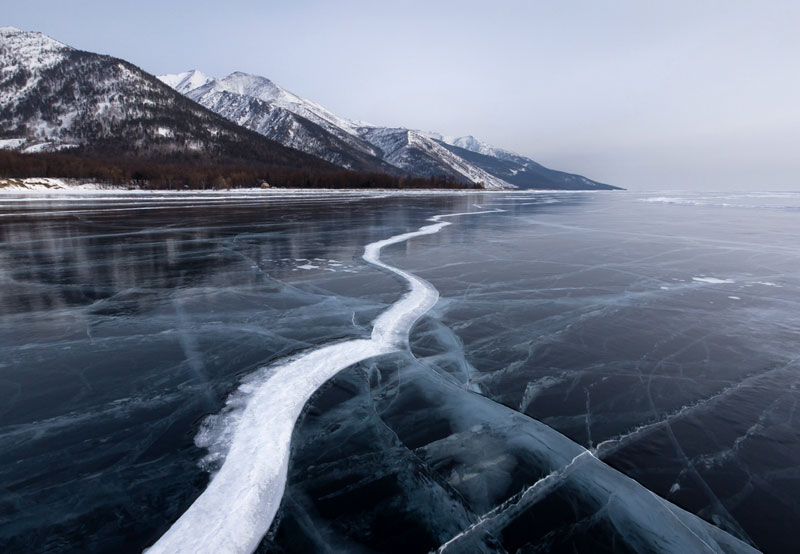 Frozen lake Baikal in Siberia