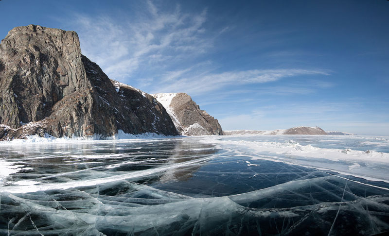 Frozen lake Baikal in Siberia