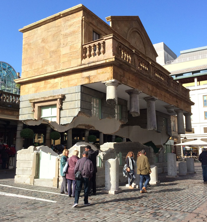 The floating building Sculpture by artist Alex Chinneck in Covent Garden